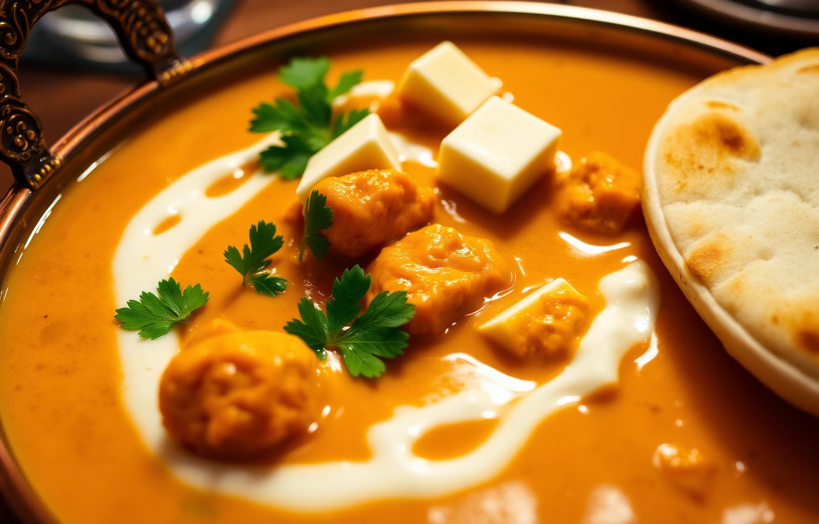 Butter chicken curry served with naan bread, ready to pair with wine