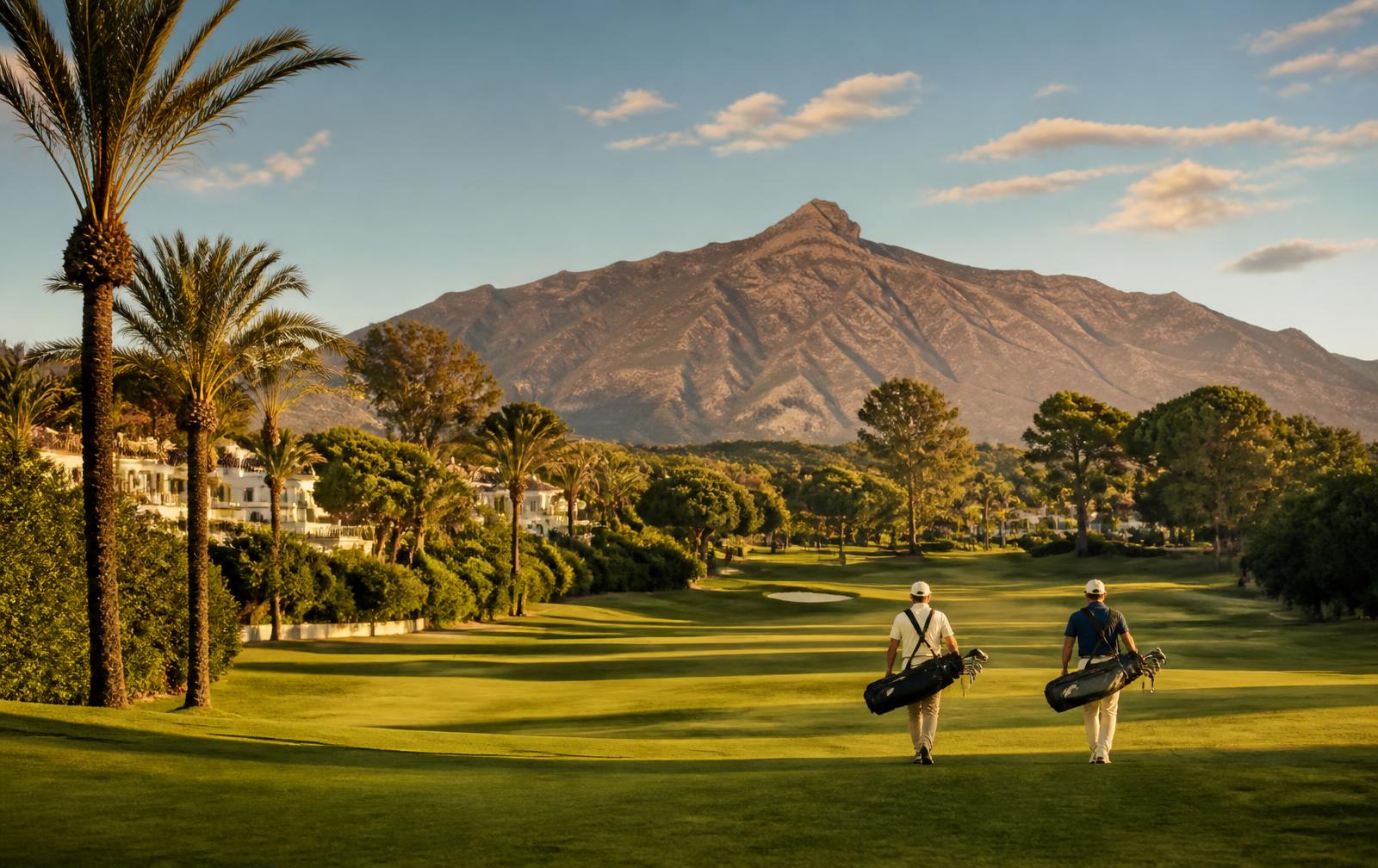 Fairway in Nueva Andalucía's Golf Valley at golden hour with La Concha mountain behind