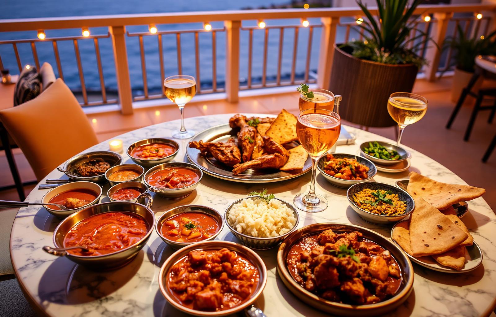 Indian curries and tandoori dishes served on a marble table in Marbella