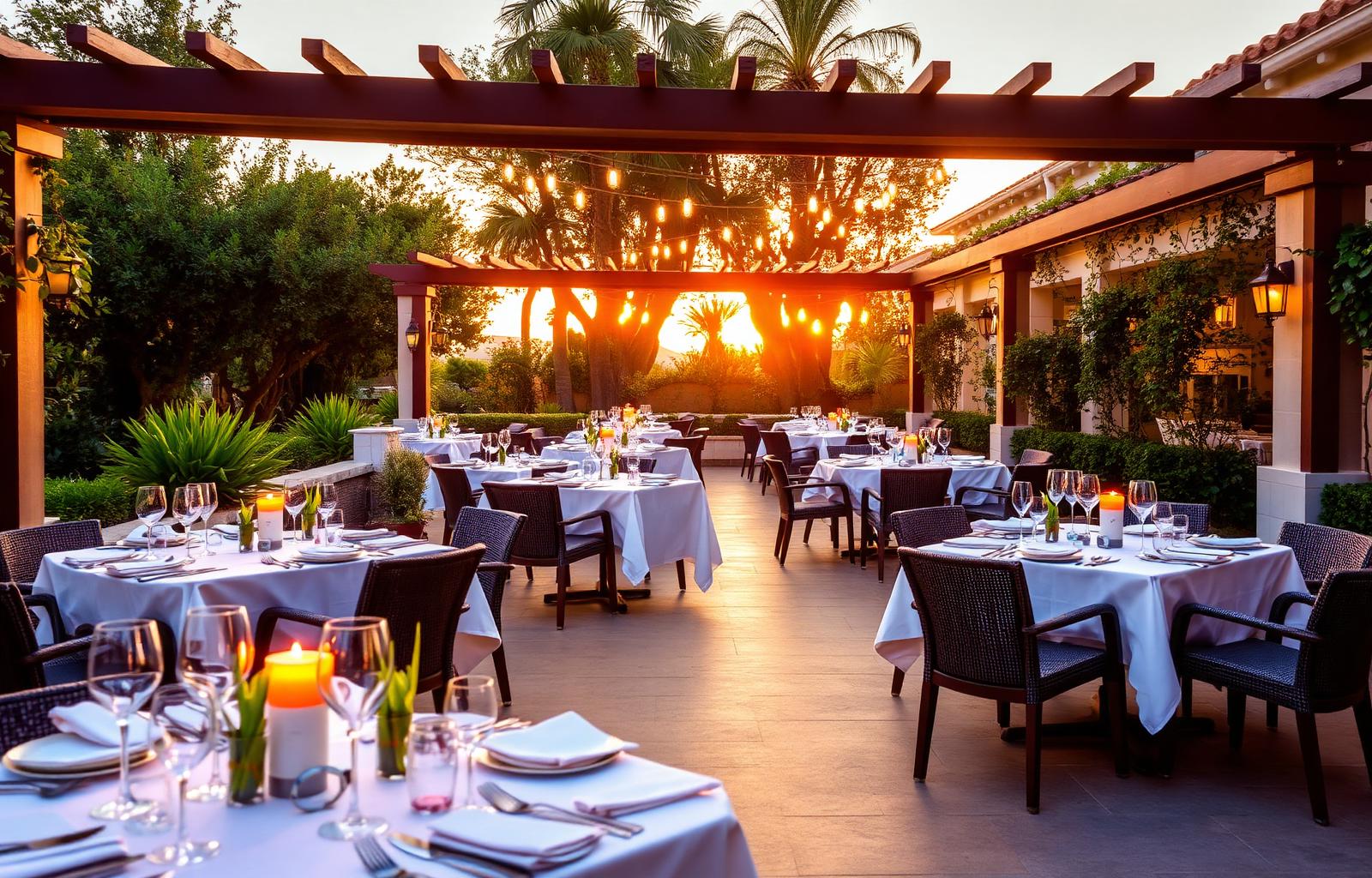 Elegant Mediterranean restaurant terrace in Nueva Andalucía at sunset