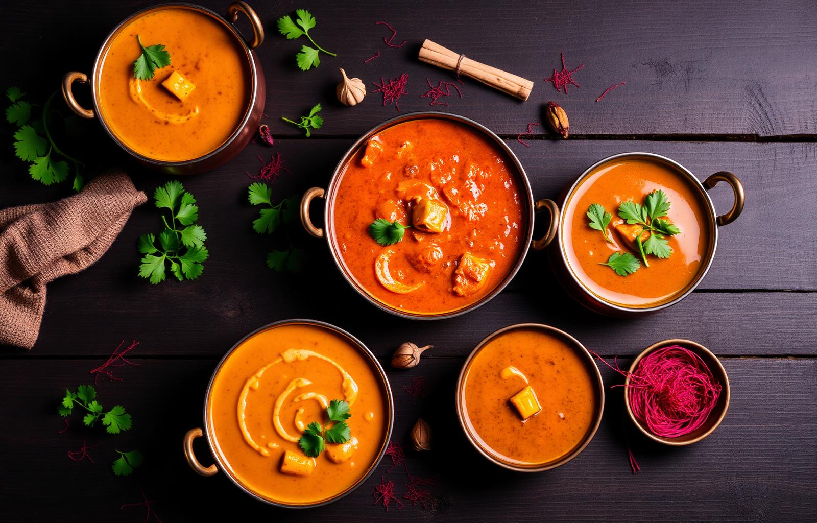 Copper bowls of halal Indian curries with fresh coriander and saffron