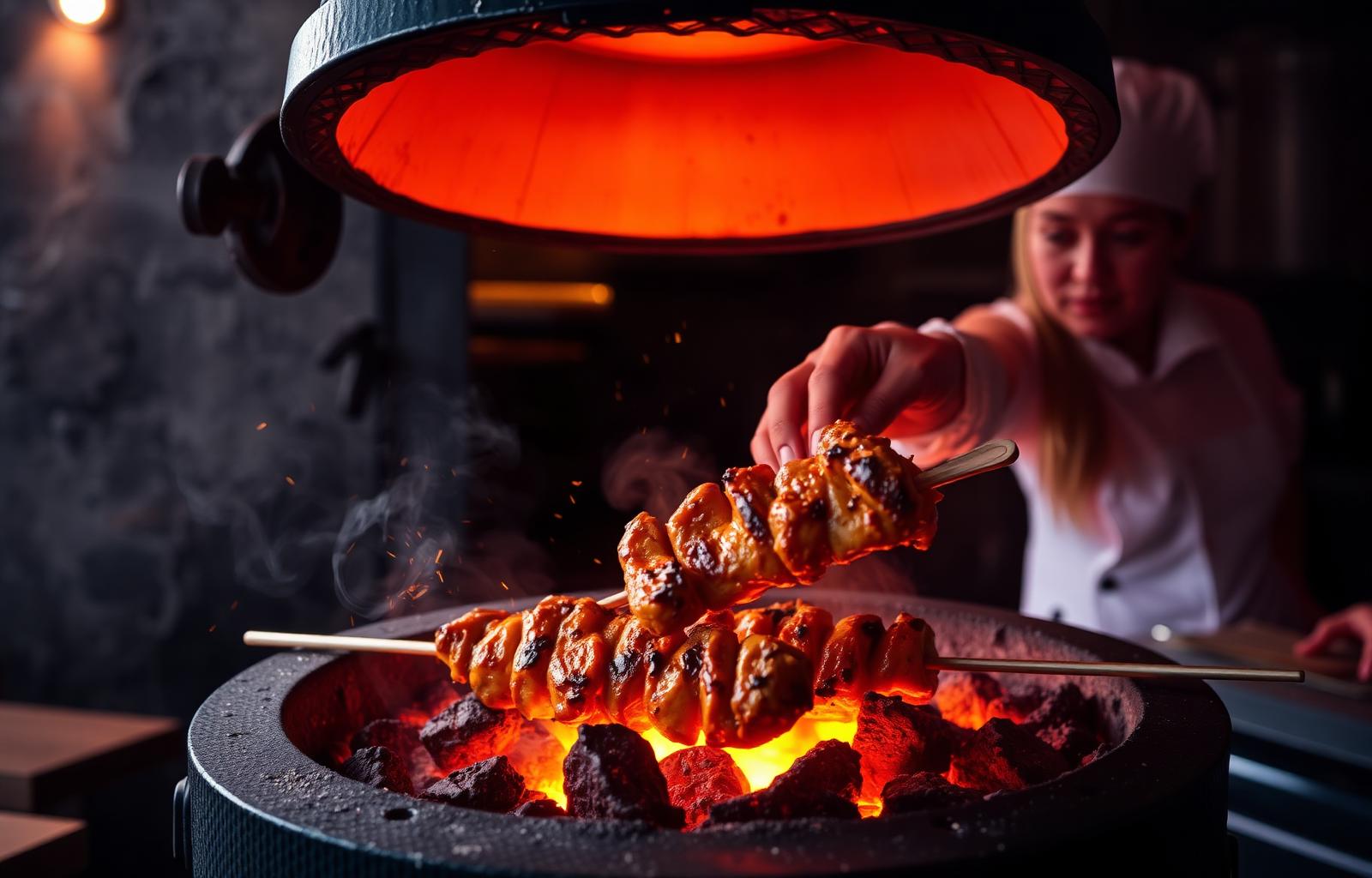 Chef placing tandoori chicken skewers into a glowing clay tandoor oven