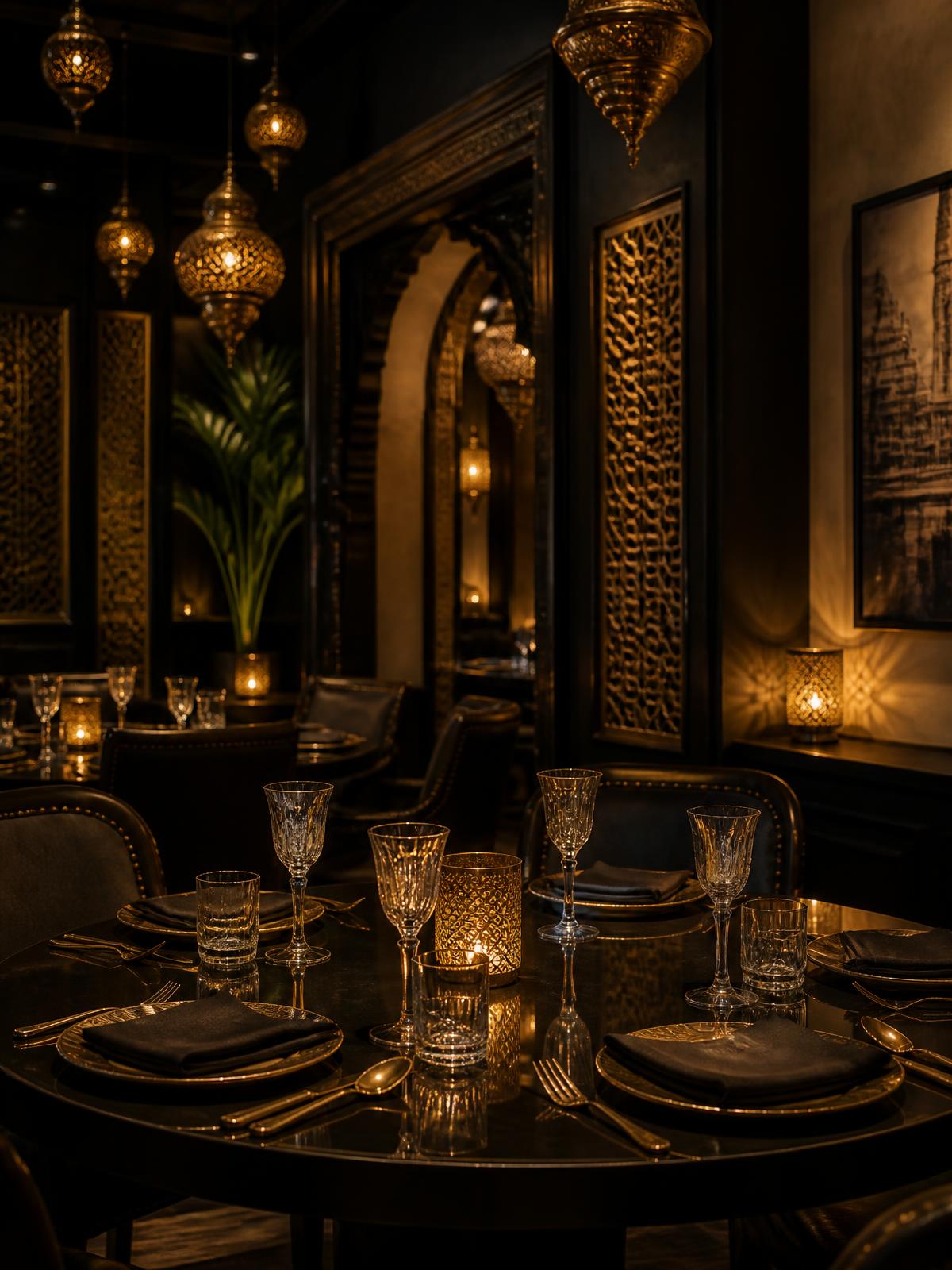 Candlelit dining room with brass lanterns