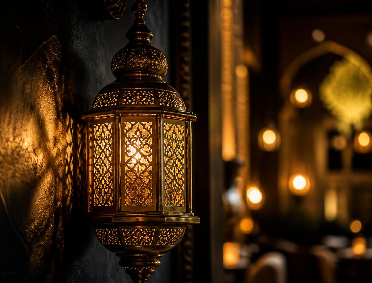 Ornate brass lantern glowing