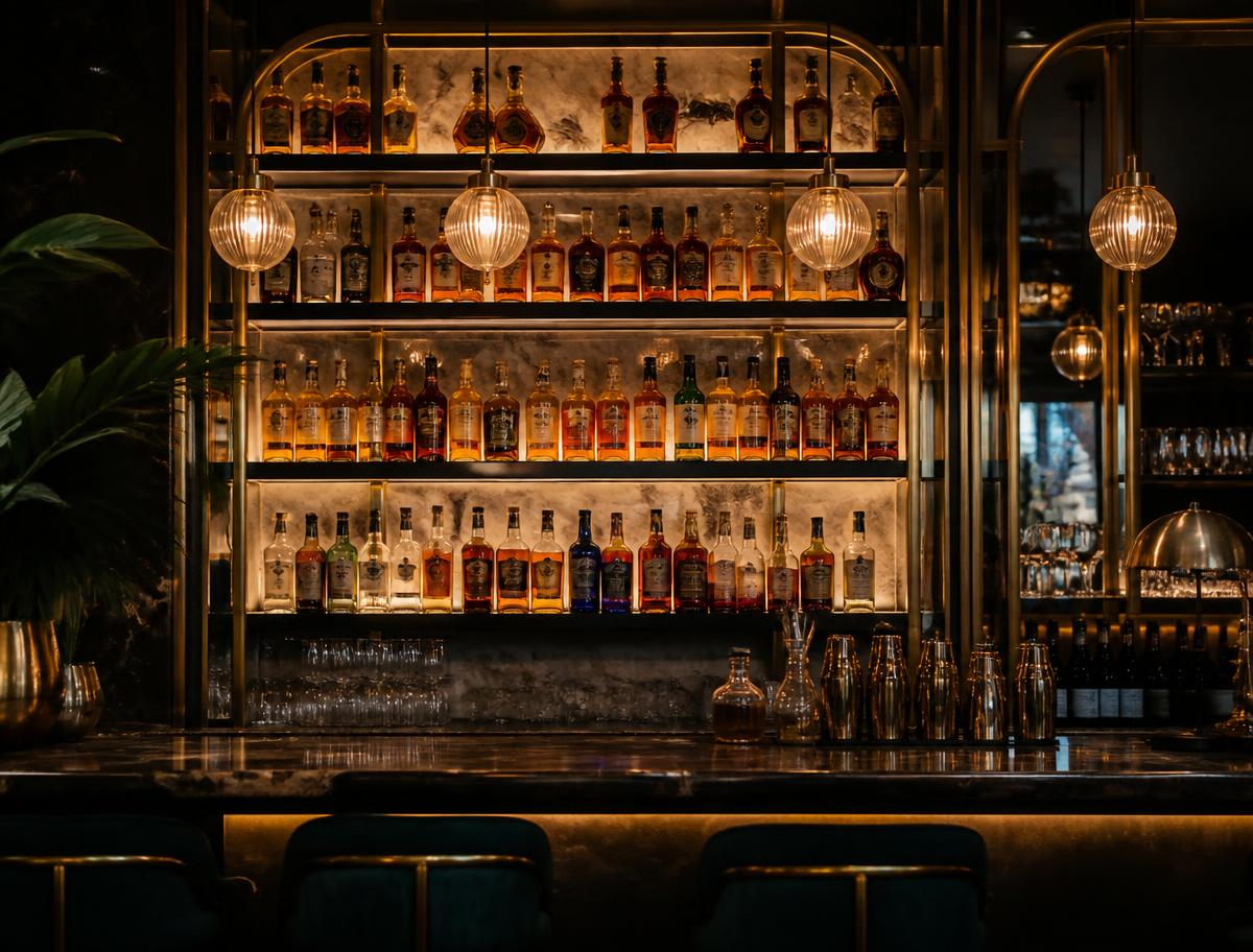 Backlit bar with gold accents