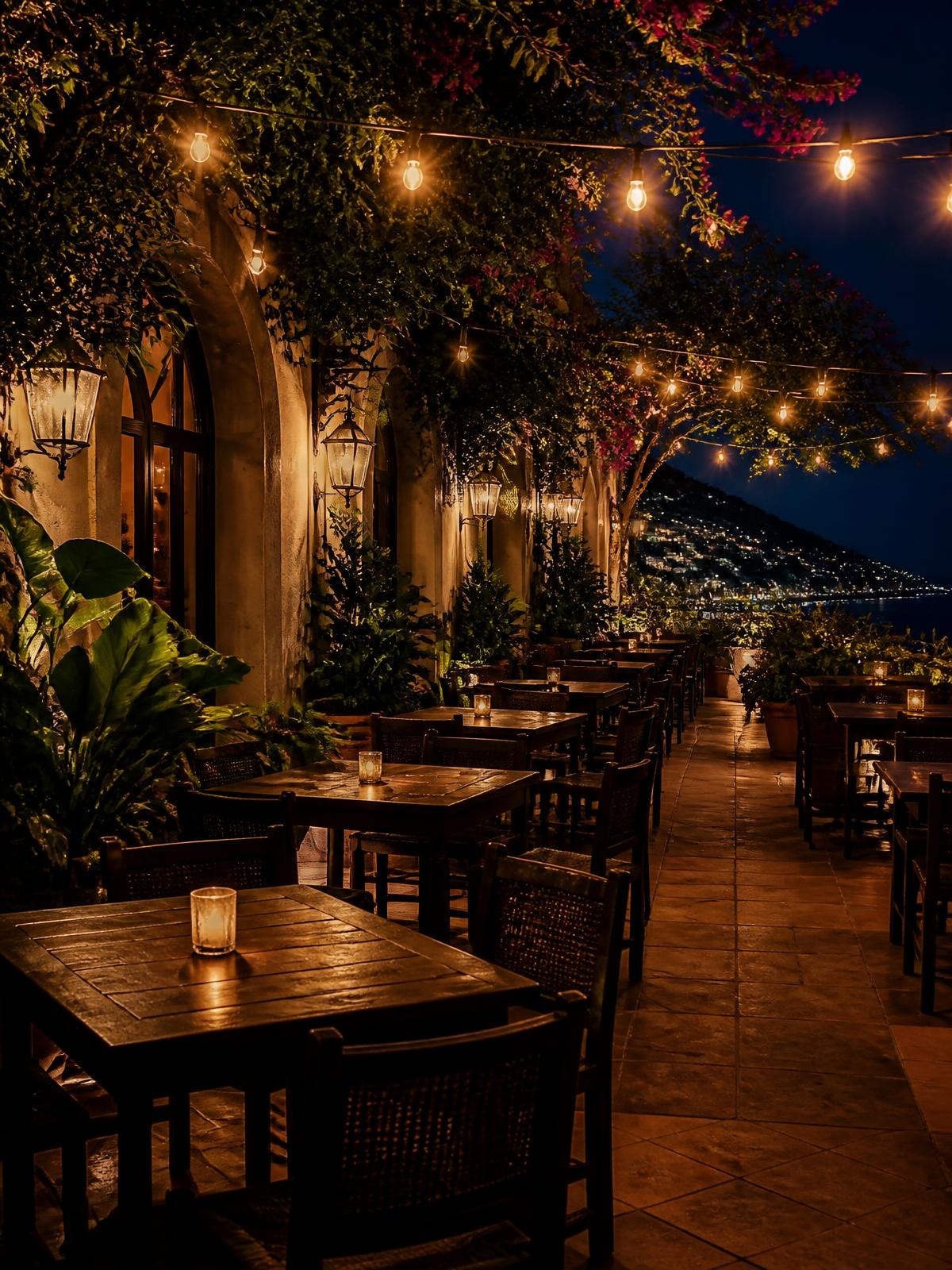 Terrace at night with warm lights